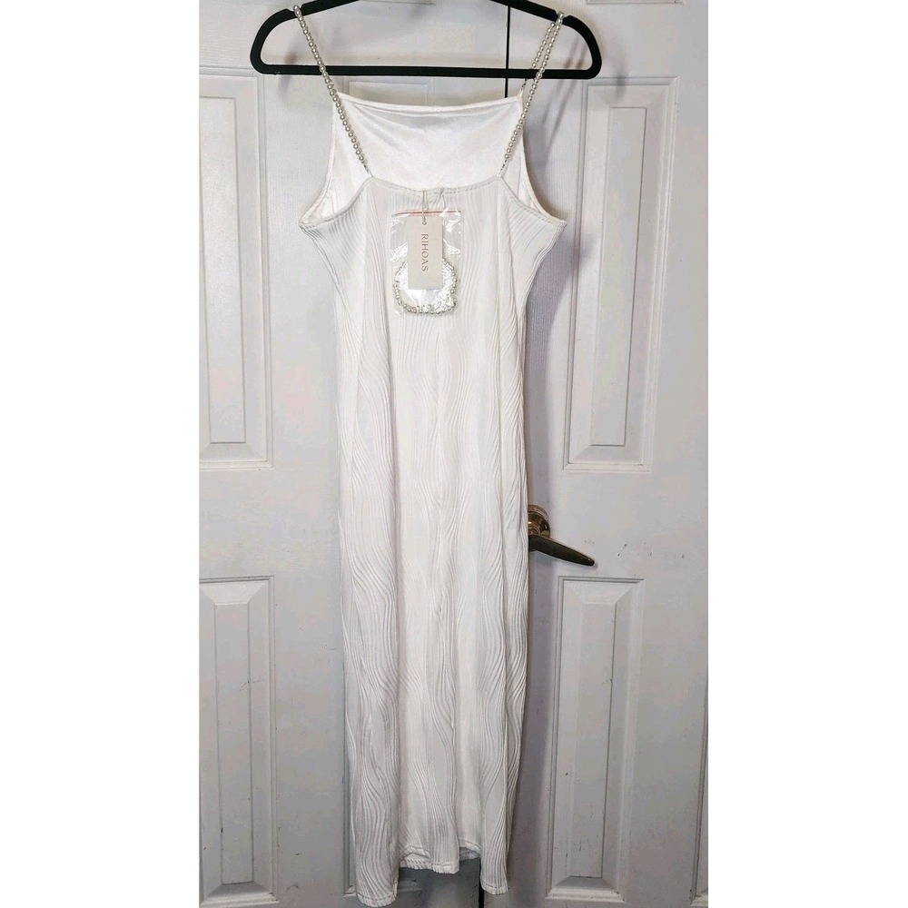 Rihoas Medium Water Ripple Textured Cami Dress Faux Pearl Straps Back Zip NWT